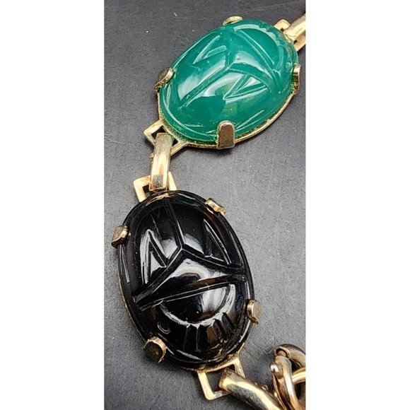 Vintage Carved Multi Color Scarab Stones Gold Tone Egyptian Bracelet Thorn JLRY - Picture 3 of 9